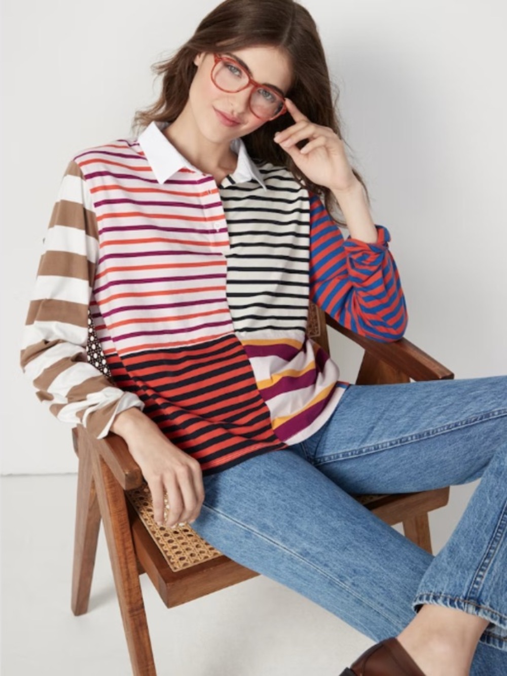 KULE • Patch rugby Multicolor Striped Patchwork Long-Sleeve Polo shirt top - XS